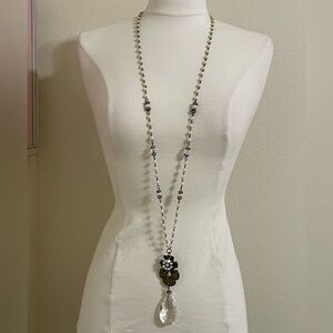 Handmade upcycled rosary faux pearl necklace large crystal pendant